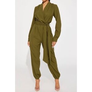 HYFVE Olive Green Surplice Long Sleeve Jogger Bottom Jumpsuit, Medium, Classic